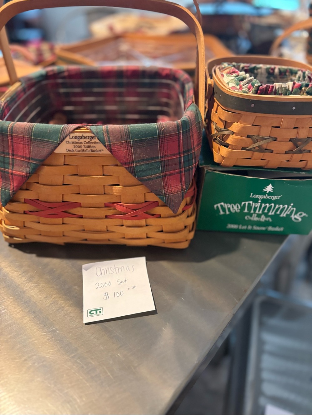 Longaberger Plaid-Lined Woven Basket Set in Red and Green